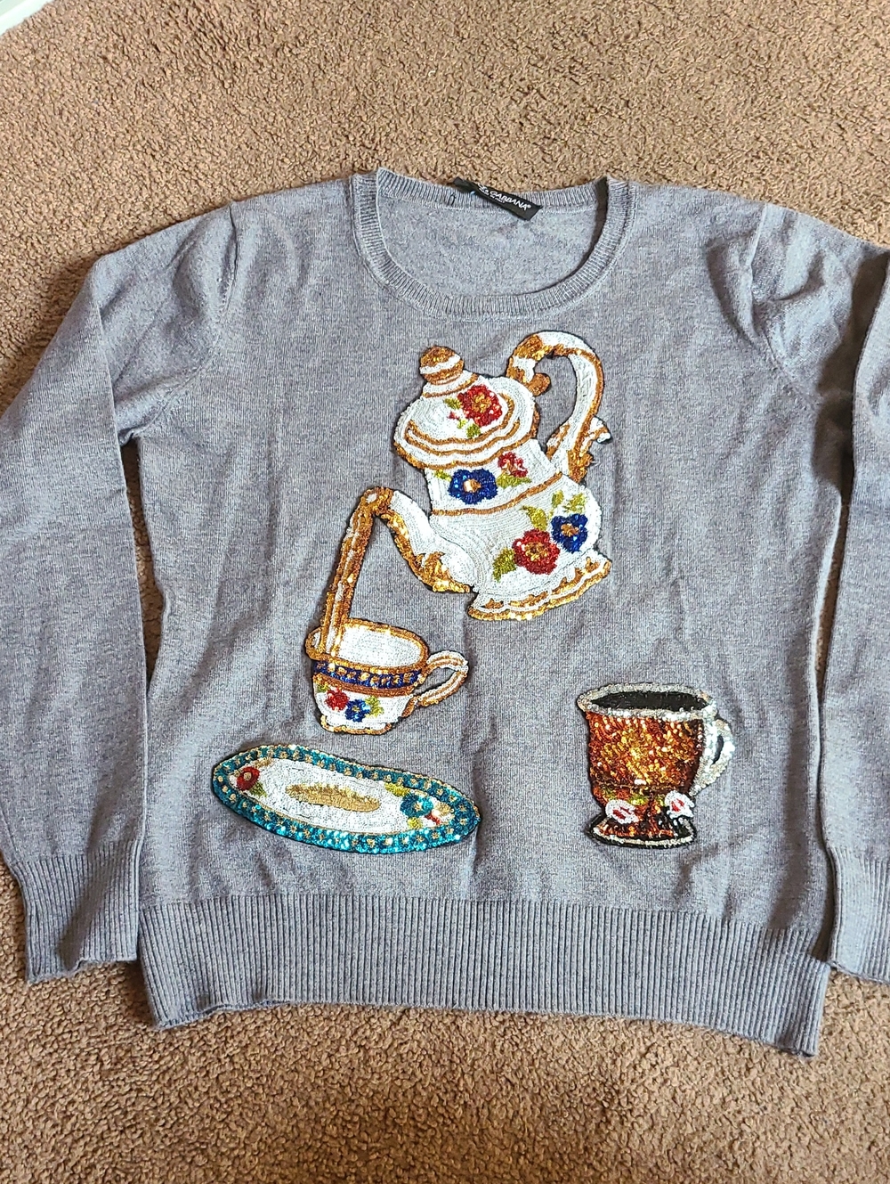 Gray Sequin Tea Motif Sweater - Women's